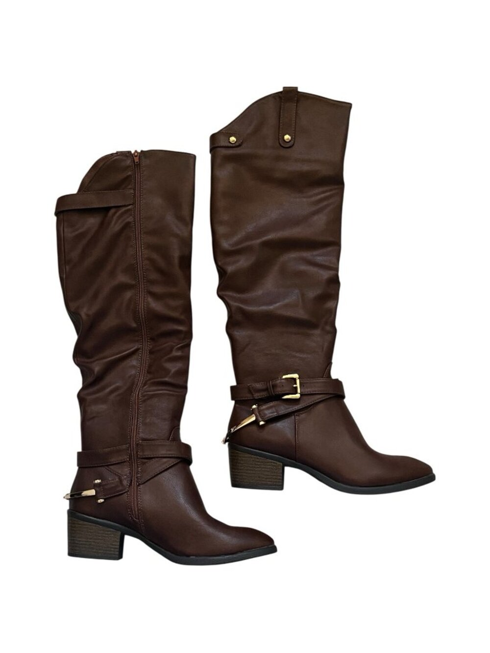 Venus Brown Slouchy Riding Fashion Boots Womens Size 10 Buckle Strap Mid Heel - Picture 2 of 13